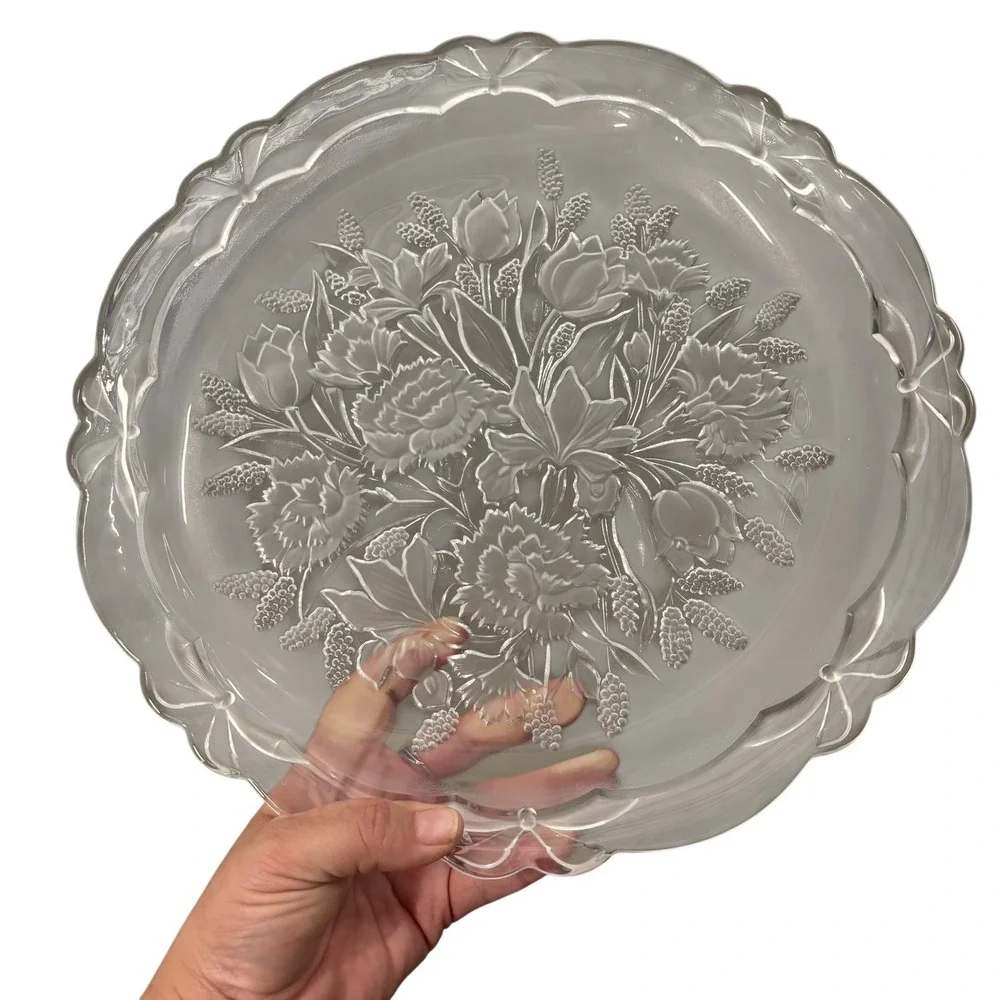 Crystal Clear Bouquet‎ Glass Round Serving Plate Vintage 14in Floral